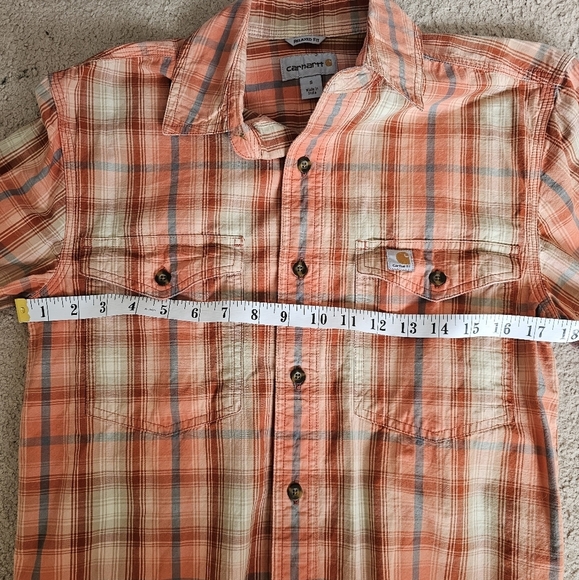 Men's Carhartt S Plaid Shirt - Orange and White Button Up Long Sleeve - Picture 4 of 7